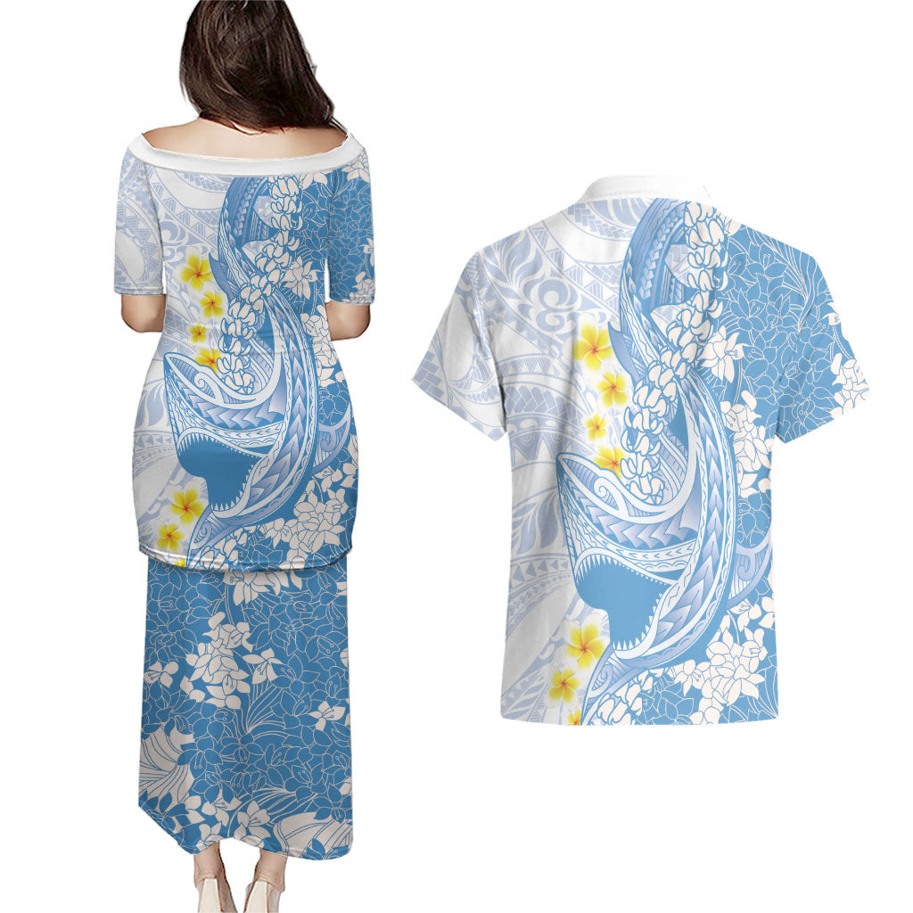 Blue Hawaii Shark Tattoo Couples Matching Puletasi and Hawaiian Shirt Puakenikeni Lei Plumeria Polynesian Pattern LT14 - Polynesian Pride
