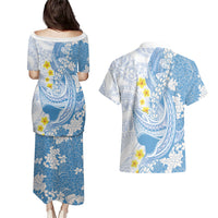 Blue Hawaii Shark Tattoo Couples Matching Puletasi and Hawaiian Shirt Puakenikeni Lei Plumeria Polynesian Pattern LT14 - Polynesian Pride