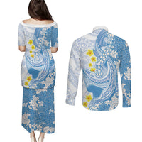 Blue Hawaii Shark Tattoo Couples Matching Puletasi and Long Sleeve Button Shirt Puakenikeni Lei Plumeria Polynesian Pattern