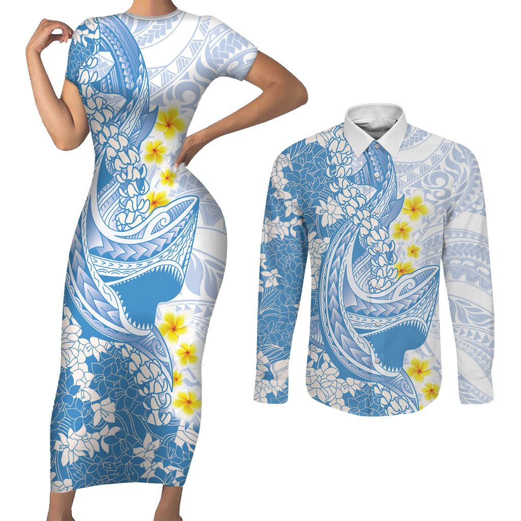 Blue Hawaii Shark Tattoo Couples Matching Short Sleeve Bodycon Dress and Long Sleeve Button Shirt Puakenikeni Lei Plumeria Polynesian Pattern