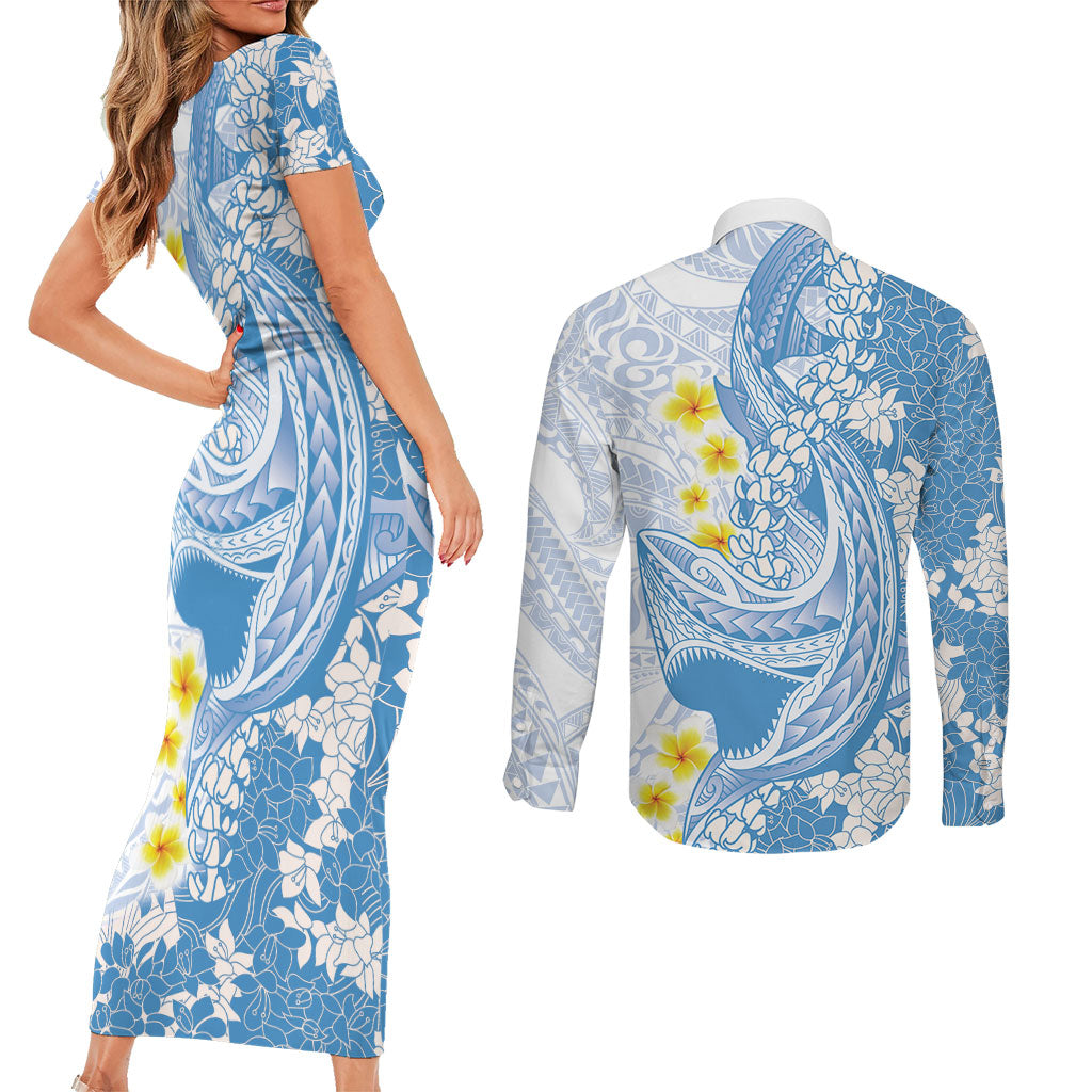 Blue Hawaii Shark Tattoo Couples Matching Short Sleeve Bodycon Dress and Long Sleeve Button Shirt Puakenikeni Lei Plumeria Polynesian Pattern LT14 - Polynesian Pride