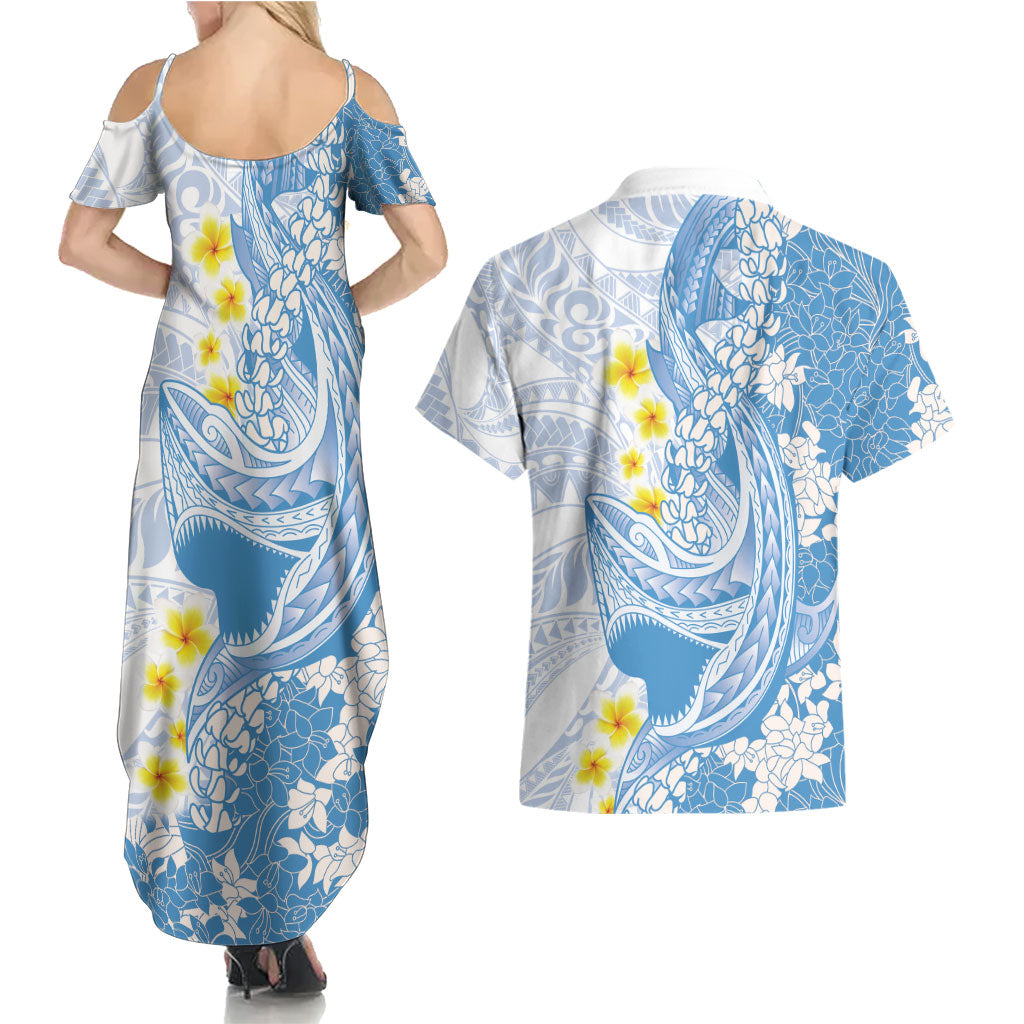 Blue Hawaii Shark Tattoo Couples Matching Summer Maxi Dress and Hawaiian Shirt Puakenikeni Lei Plumeria Polynesian Pattern LT14 - Polynesian Pride