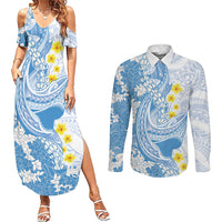 Blue Hawaii Shark Tattoo Couples Matching Summer Maxi Dress and Long Sleeve Button Shirt Puakenikeni Lei Plumeria Polynesian Pattern LT14 Blue - Polynesian Pride