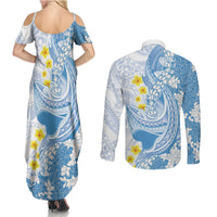 Blue Hawaii Shark Tattoo Couples Matching Summer Maxi Dress and Long Sleeve Button Shirt Puakenikeni Lei Plumeria Polynesian Pattern LT14 - Polynesian Pride