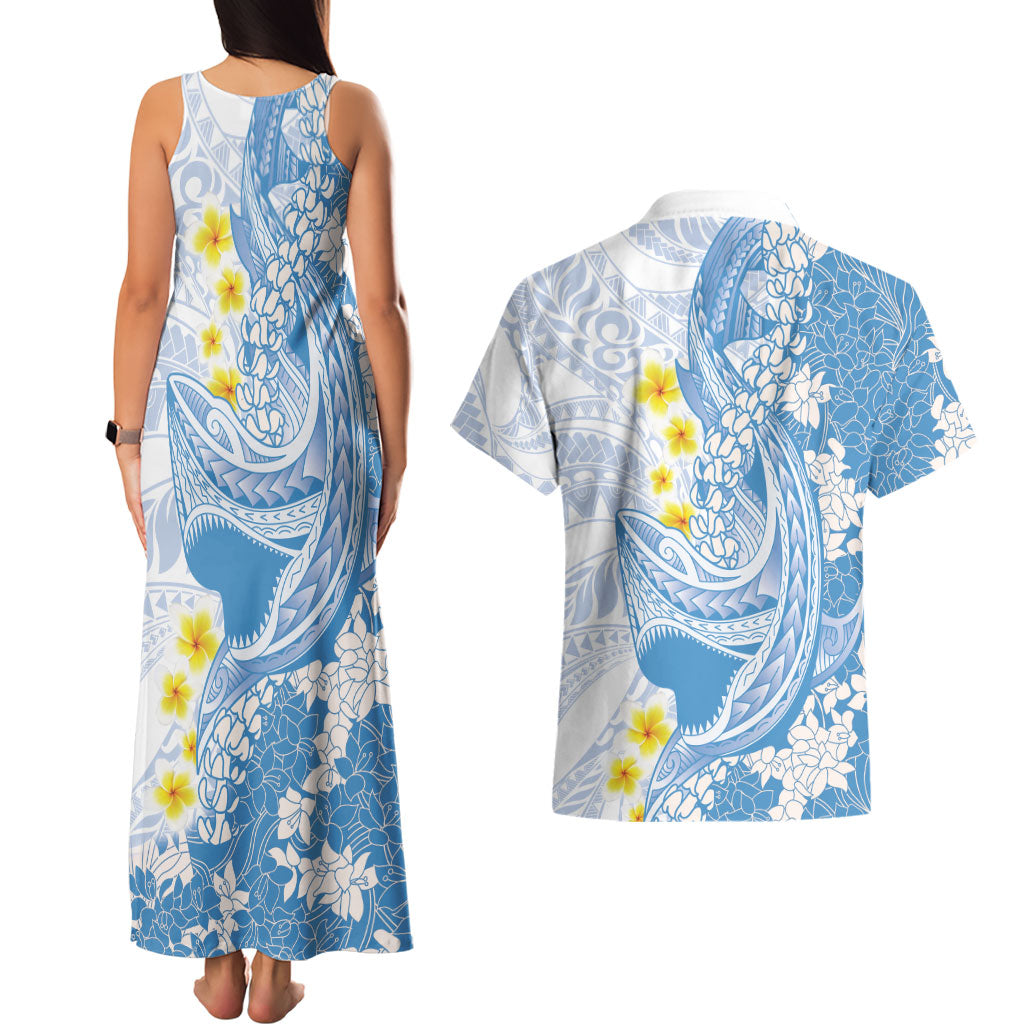 Blue Hawaii Shark Tattoo Couples Matching Tank Maxi Dress and Hawaiian Shirt Puakenikeni Lei Plumeria Polynesian Pattern LT14 - Polynesian Pride