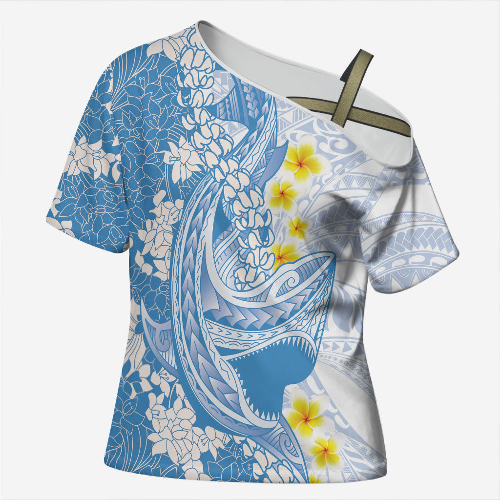 Blue Hawaii Shark Tattoo Cross Shoulder Shirt Puakenikeni Lei Plumeria Polynesian Pattern