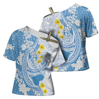 Blue Hawaii Shark Tattoo Cross Shoulder Shirt Puakenikeni Lei Plumeria Polynesian Pattern