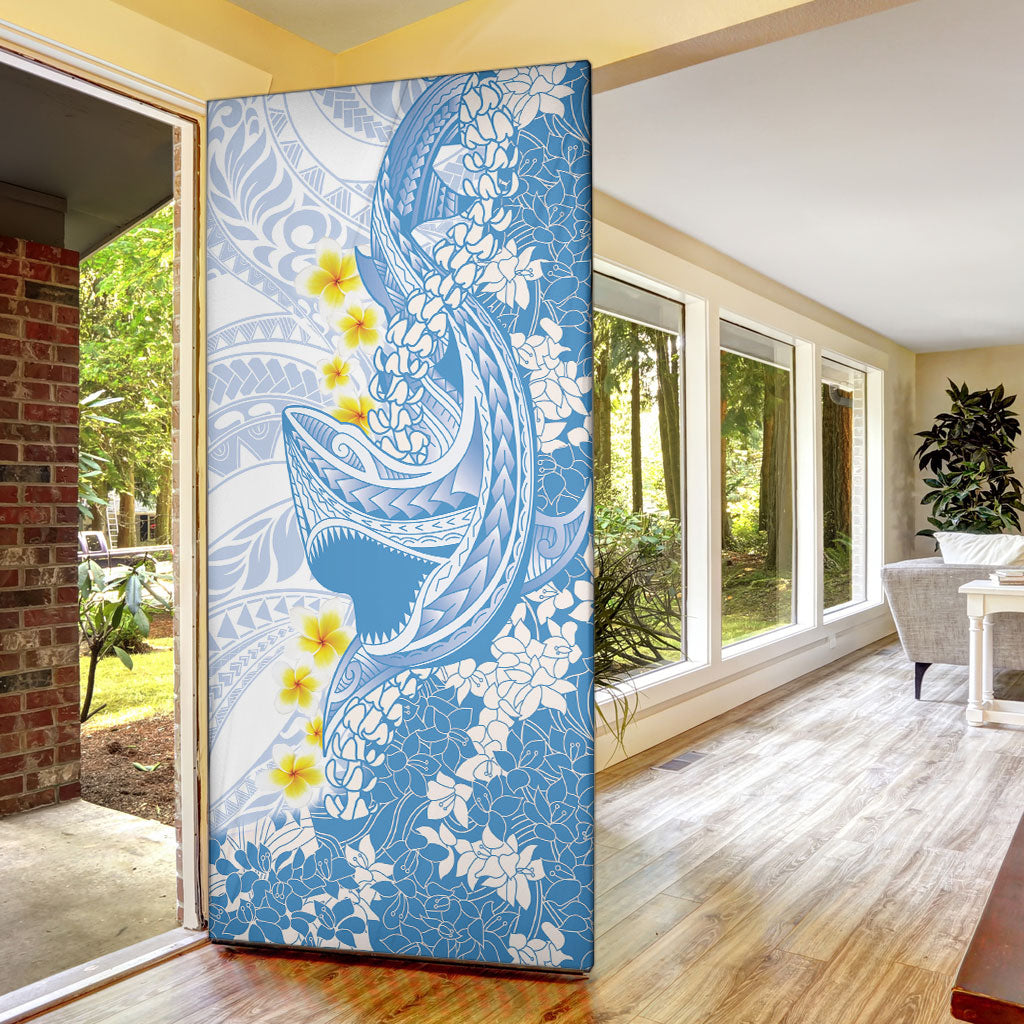 Blue Hawaii Shark Tattoo Door Cover Puakenikeni Lei Plumeria Polynesian Pattern
