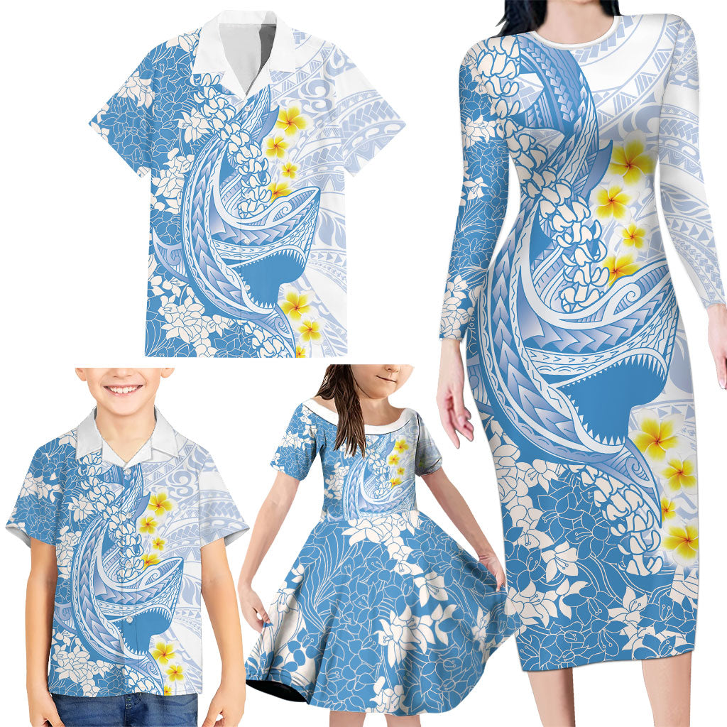 Blue Hawaii Shark Tattoo Family Matching Long Sleeve Bodycon Dress and Hawaiian Shirt Puakenikeni Lei Plumeria Polynesian Pattern