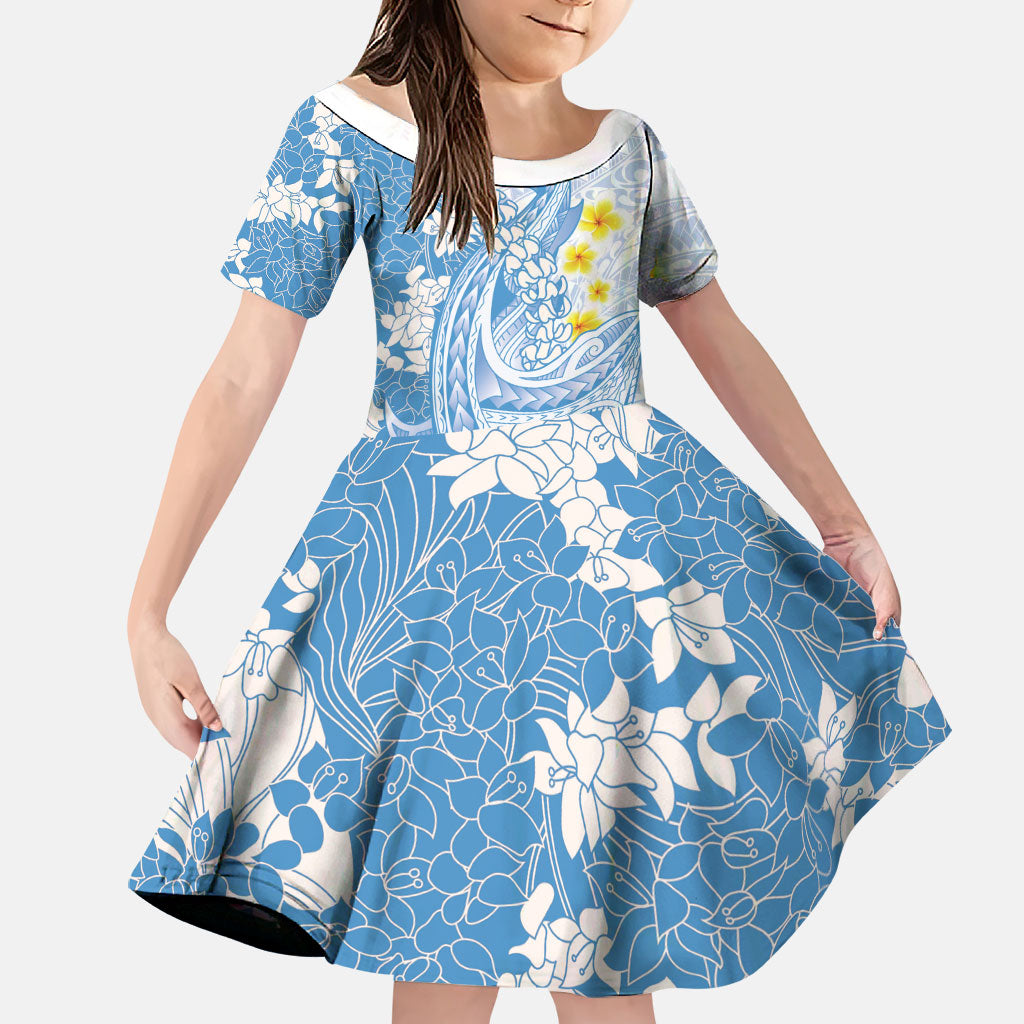 Blue Hawaii Shark Tattoo Family Matching Off The Shoulder Long Sleeve Dress and Hawaiian Shirt Puakenikeni Lei Plumeria Polynesian Pattern LT14 Daughter's Dress Blue - Polynesian Pride