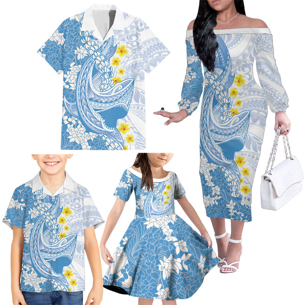 Blue Hawaii Shark Tattoo Family Matching Off The Shoulder Long Sleeve Dress and Hawaiian Shirt Puakenikeni Lei Plumeria Polynesian Pattern LT14 - Polynesian Pride