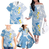 Blue Hawaii Shark Tattoo Family Matching Off The Shoulder Long Sleeve Dress and Hawaiian Shirt Puakenikeni Lei Plumeria Polynesian Pattern LT14 - Polynesian Pride