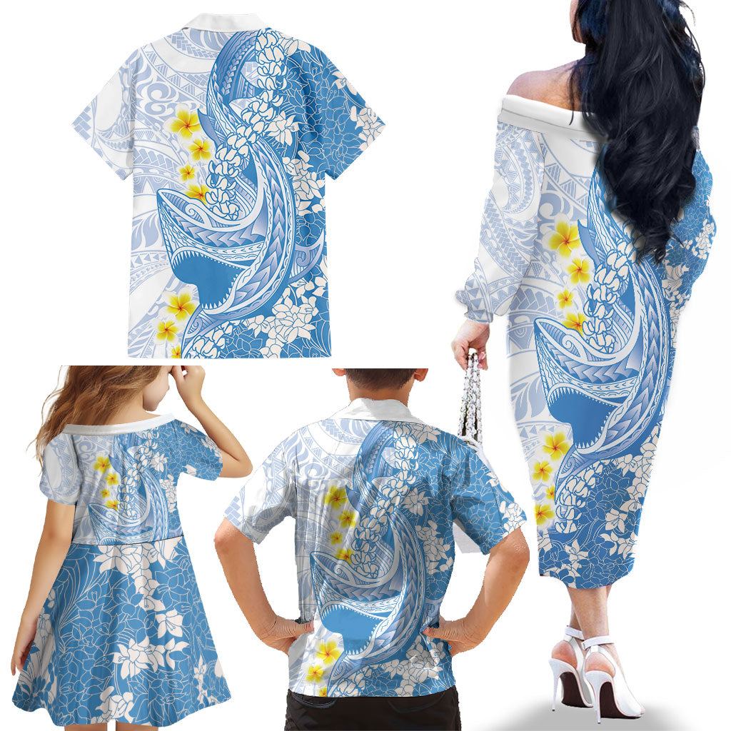 Blue Hawaii Shark Tattoo Family Matching Off The Shoulder Long Sleeve Dress and Hawaiian Shirt Puakenikeni Lei Plumeria Polynesian Pattern LT14 - Polynesian Pride