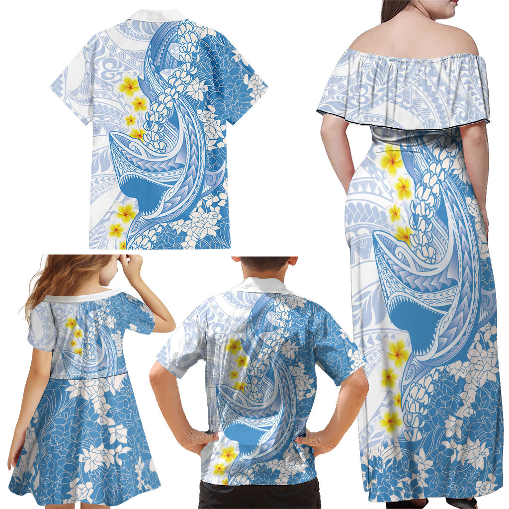 Blue Hawaii Shark Tattoo Family Matching Off Shoulder Maxi Dress and Hawaiian Shirt Puakenikeni Lei Plumeria Polynesian Pattern LT14 - Polynesian Pride