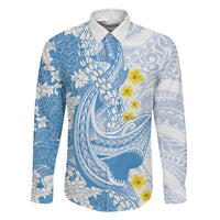 Blue Hawaii Shark Tattoo Family Matching Off Shoulder Maxi Dress and Hawaiian Shirt Puakenikeni Lei Plumeria Polynesian Pattern LT14 Dad's Shirt - Long Sleeve Blue - Polynesian Pride