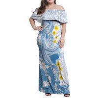 Blue Hawaii Shark Tattoo Family Matching Off Shoulder Maxi Dress and Hawaiian Shirt Puakenikeni Lei Plumeria Polynesian Pattern LT14 Mom's Dress Blue - Polynesian Pride