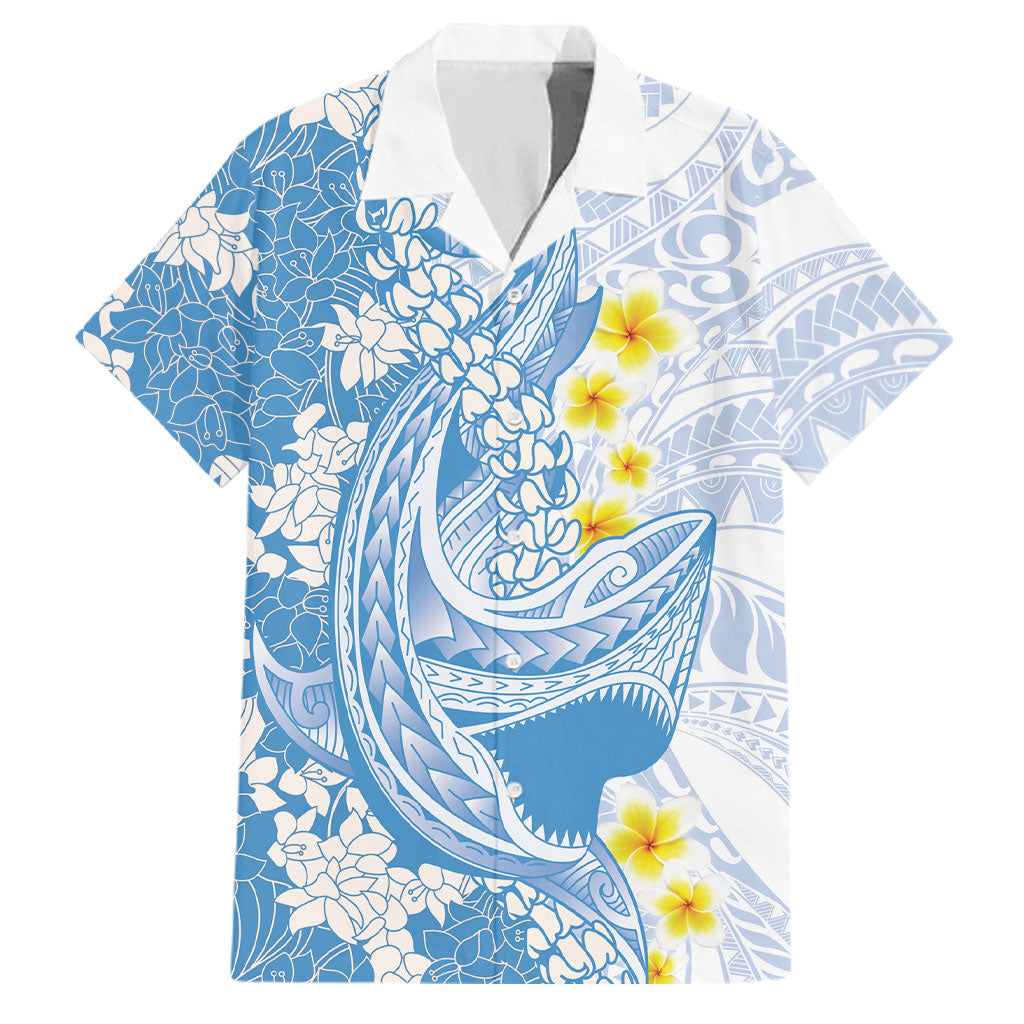 Blue Hawaii Shark Tattoo Family Matching Off Shoulder Short Dress and Hawaiian Shirt Puakenikeni Lei Plumeria Polynesian Pattern LT14 Dad's Shirt - Short Sleeve Blue - Polynesian Pride