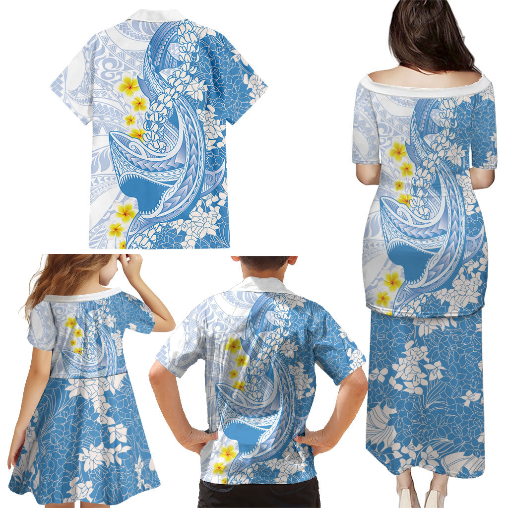 Blue Hawaii Shark Tattoo Family Matching Puletasi and Hawaiian Shirt Puakenikeni Lei Plumeria Polynesian Pattern LT14 - Polynesian Pride