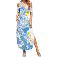 Blue Hawaii Shark Tattoo Family Matching Summer Maxi Dress and Hawaiian Shirt Puakenikeni Lei Plumeria Polynesian Pattern LT14 Mom's Dress Blue - Polynesian Pride
