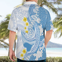 Blue Hawaii Shark Tattoo Hawaiian Shirt Puakenikeni Lei Plumeria Polynesian Pattern
