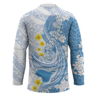 Blue Hawaii Shark Tattoo Hockey Jersey Puakenikeni Lei Plumeria Polynesian Pattern