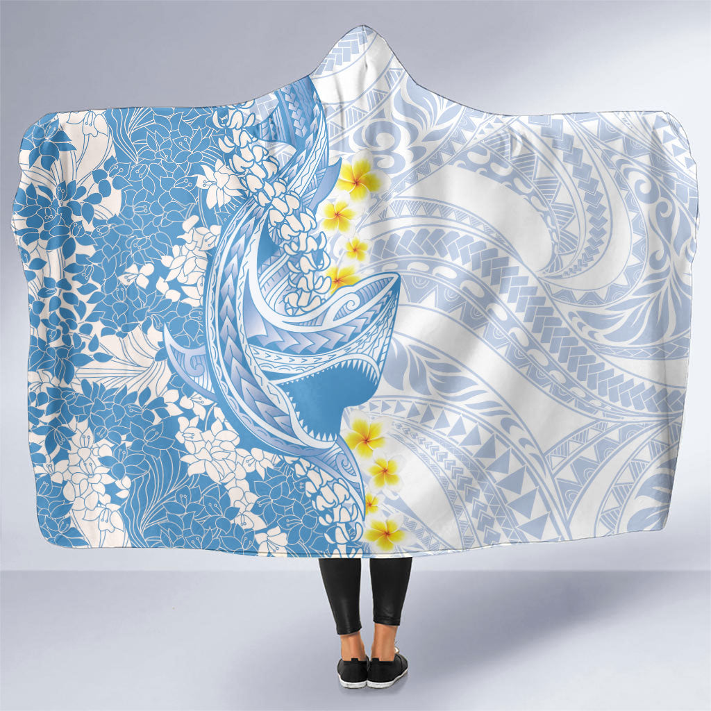 Blue Hawaii Shark Tattoo Hooded Blanket Puakenikeni Lei Plumeria Polynesian Pattern LT14 One Size Blue - Polynesian Pride