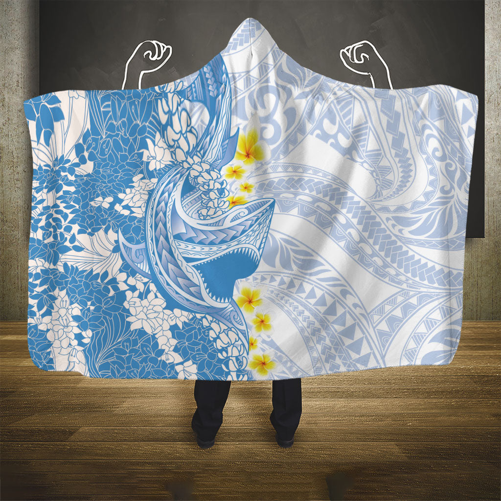 Blue Hawaii Shark Tattoo Hooded Blanket Puakenikeni Lei Plumeria Polynesian Pattern LT14 - Polynesian Pride