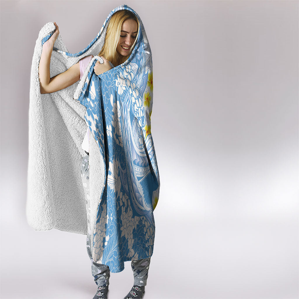Blue Hawaii Shark Tattoo Hooded Blanket Puakenikeni Lei Plumeria Polynesian Pattern LT14 - Polynesian Pride