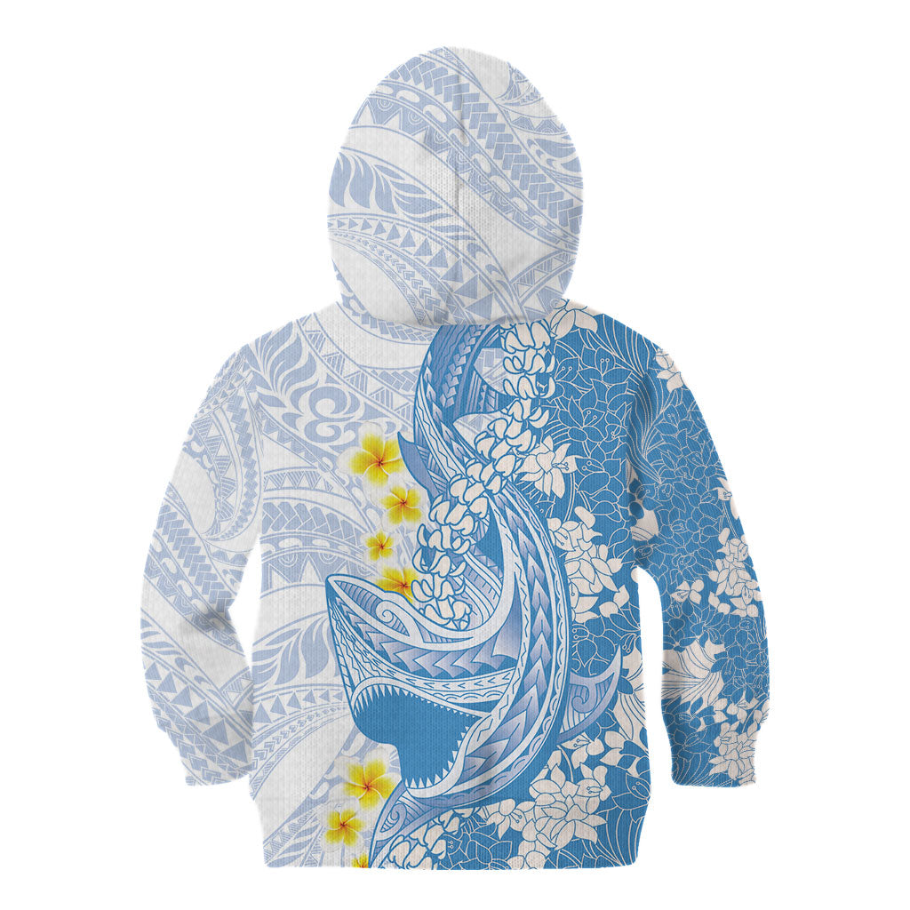 Blue Hawaii Shark Tattoo Kid Hoodie Puakenikeni Lei Plumeria Polynesian Pattern