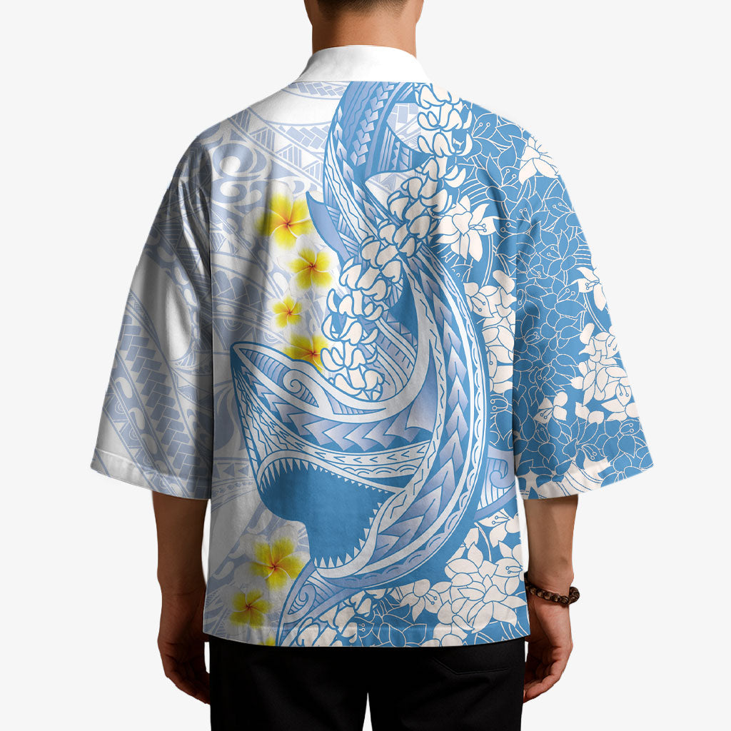 Blue Hawaii Shark Tattoo Kimono Puakenikeni Lei Plumeria Polynesian Pattern