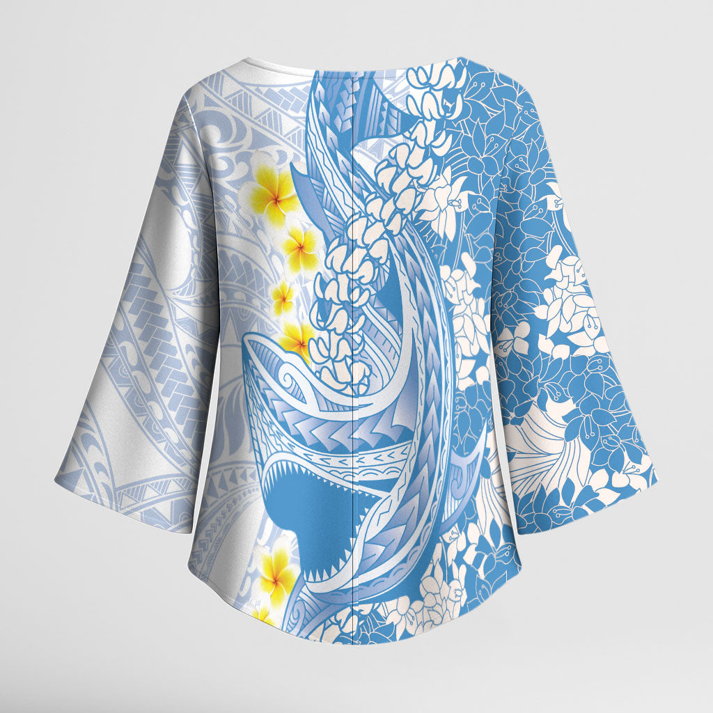 Blue Hawaii Shark Tattoo Kimono Sleeve Blouse Puakenikeni Lei Plumeria Polynesian Pattern LT14 - Polynesian Pride