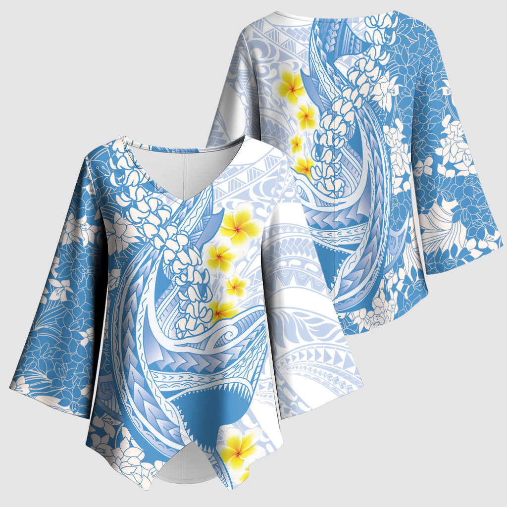 Blue Hawaii Shark Tattoo Kimono Sleeve Blouse Puakenikeni Lei Plumeria Polynesian Pattern LT14 - Polynesian Pride