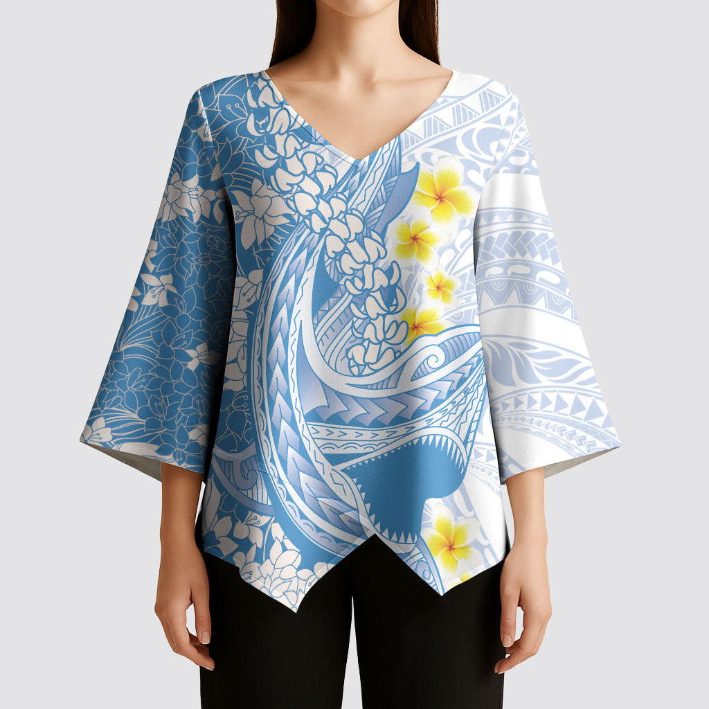 Blue Hawaii Shark Tattoo Kimono Sleeve Blouse Puakenikeni Lei Plumeria Polynesian Pattern LT14 - Polynesian Pride