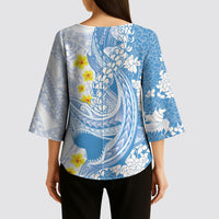 Blue Hawaii Shark Tattoo Kimono Sleeve Blouse Puakenikeni Lei Plumeria Polynesian Pattern LT14 - Polynesian Pride