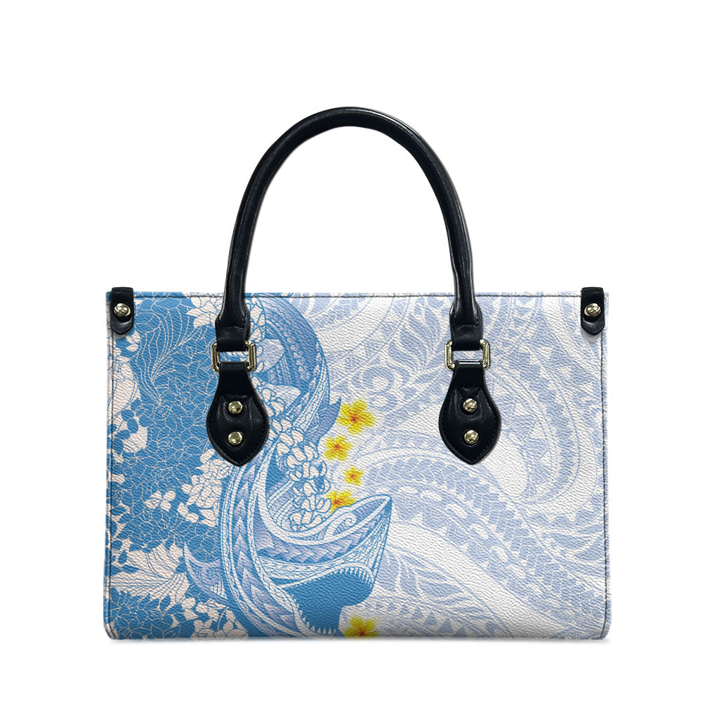 Blue Hawaii Shark Tattoo Leather Bag Puakenikeni Lei Plumeria Polynesian Pattern