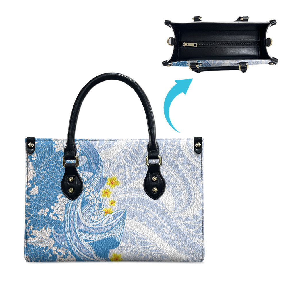 Blue Hawaii Shark Tattoo Leather Bag Puakenikeni Lei Plumeria Polynesian Pattern