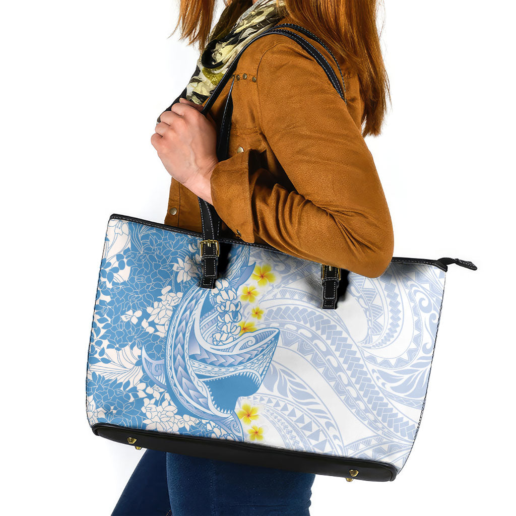 Blue Hawaii Shark Tattoo Leather Tote Bag Puakenikeni Lei Plumeria Polynesian Pattern