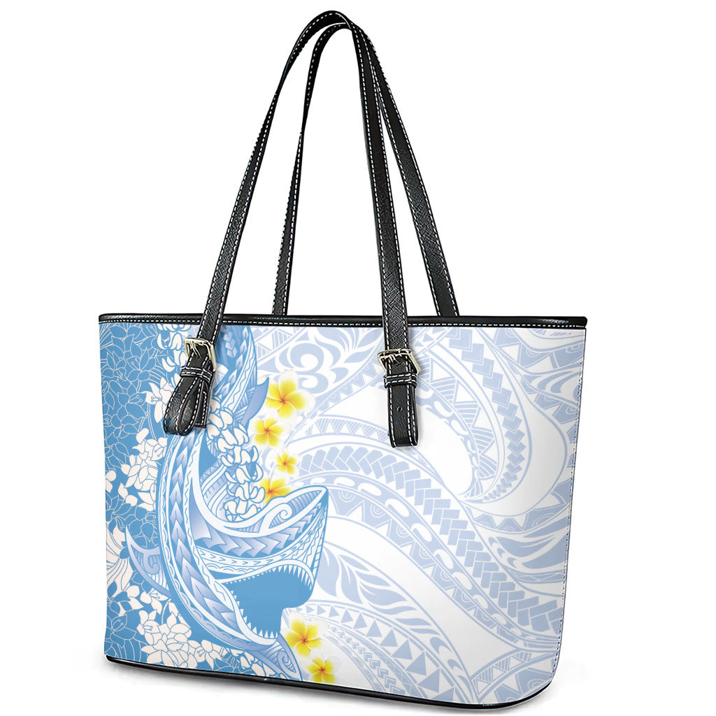 Blue Hawaii Shark Tattoo Leather Tote Bag Puakenikeni Lei Plumeria Polynesian Pattern