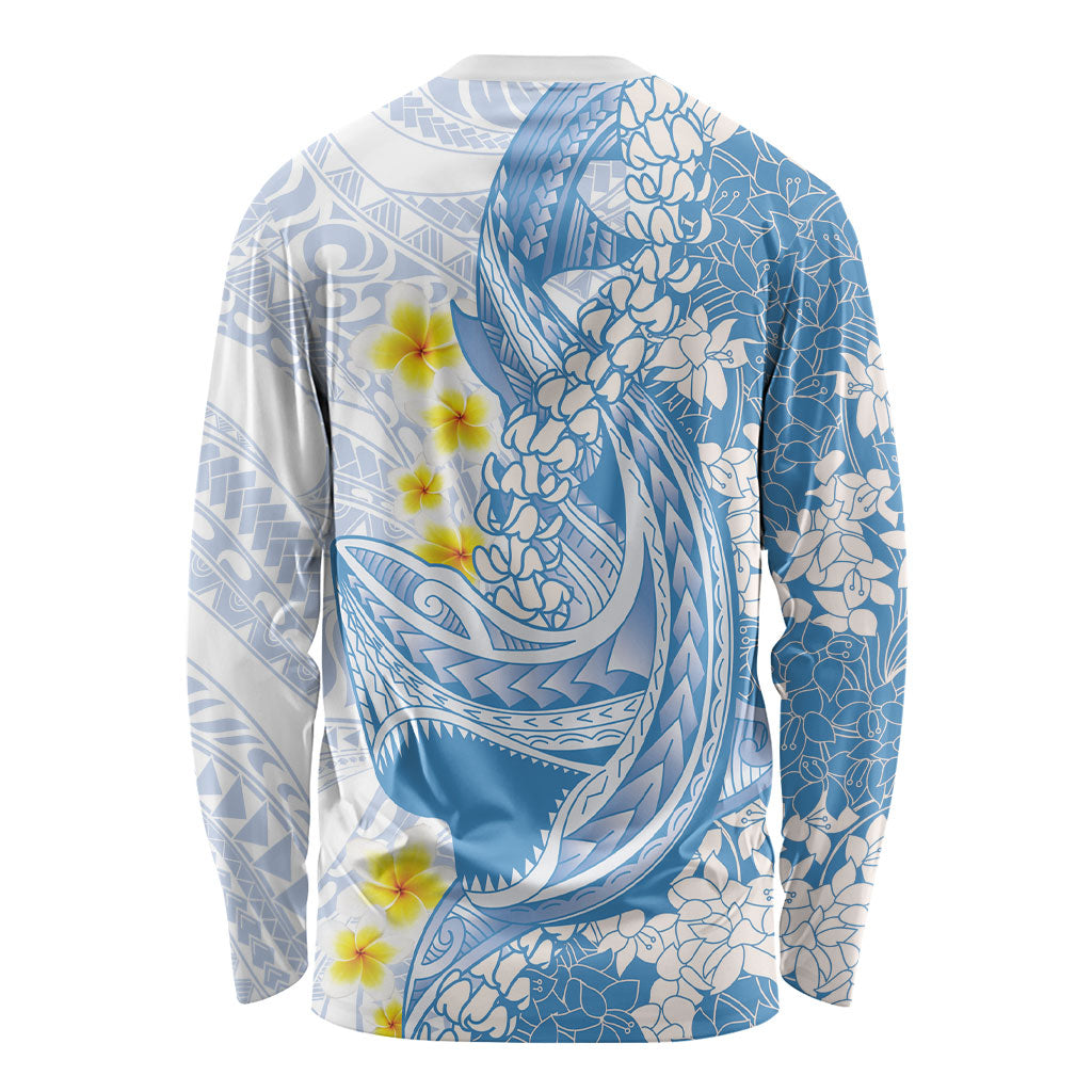 Blue Hawaii Shark Tattoo Long Sleeve Shirt Puakenikeni Lei Plumeria Polynesian Pattern