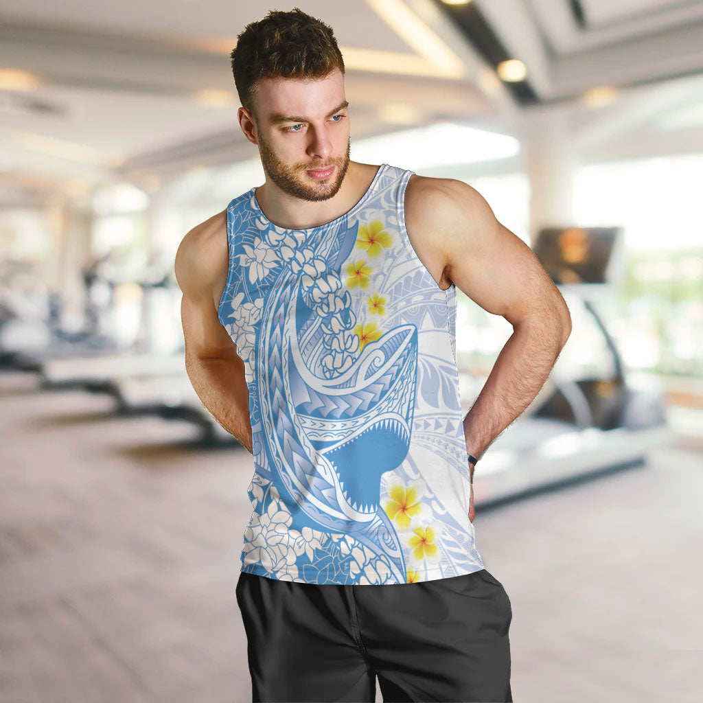 Blue Hawaii Shark Tattoo Men Tank Top Puakenikeni Lei Plumeria Polynesian Pattern