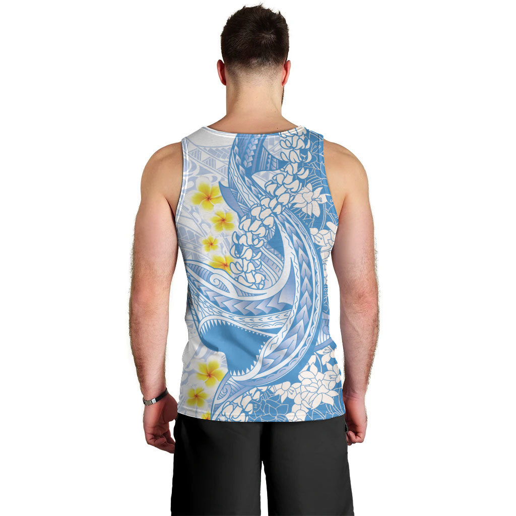 Blue Hawaii Shark Tattoo Men Tank Top Puakenikeni Lei Plumeria Polynesian Pattern