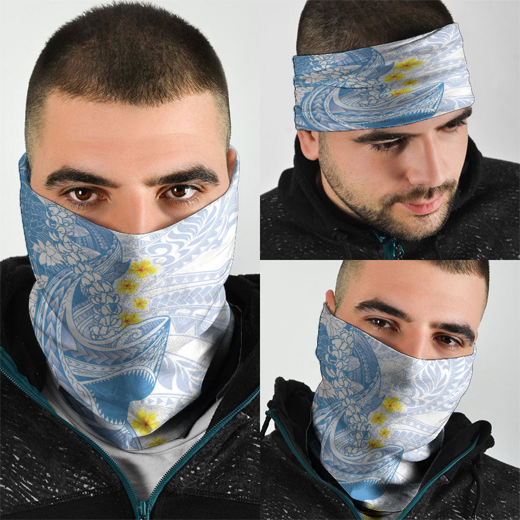 Blue Hawaii Shark Tattoo Neck Gaiter Puakenikeni Lei Plumeria Polynesian Pattern