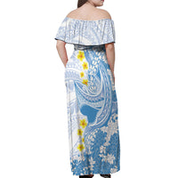 Blue Hawaii Shark Tattoo Off Shoulder Maxi Dress Puakenikeni Lei Plumeria Polynesian Pattern