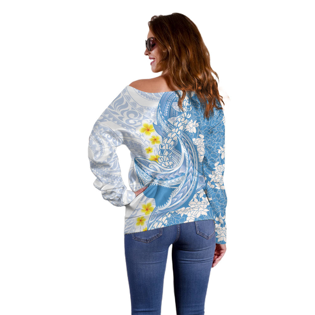 Blue Hawaii Shark Tattoo Off Shoulder Sweater Puakenikeni Lei Plumeria Polynesian Pattern