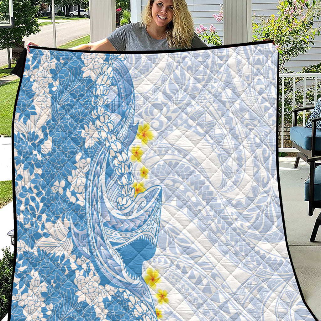 Blue Hawaii Shark Tattoo Quilt Puakenikeni Lei Plumeria Polynesian Pattern