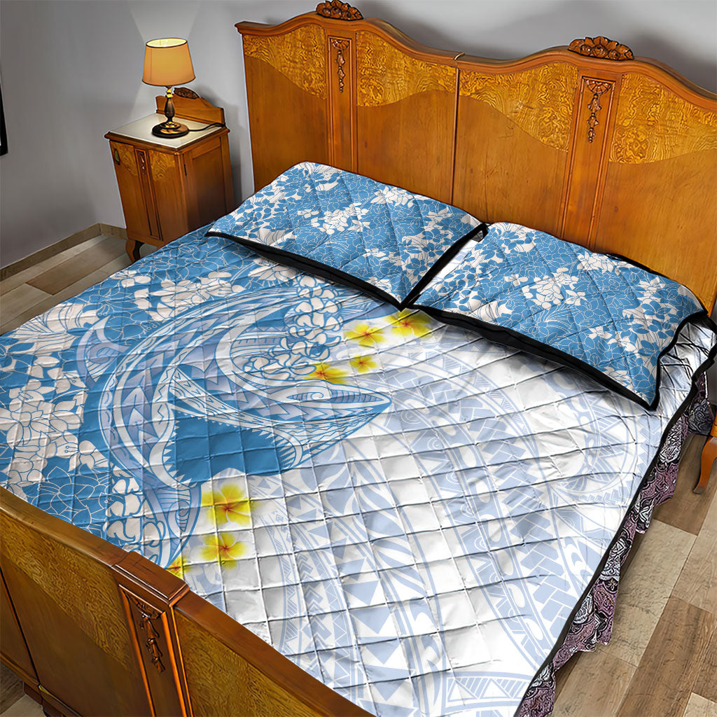 Blue Hawaii Shark Tattoo Quilt Bed Set Puakenikeni Lei Plumeria Polynesian Pattern