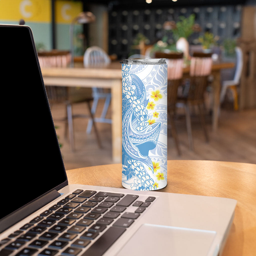 Blue Hawaii Shark Tattoo Skinny Tumbler Puakenikeni Lei Plumeria Polynesian Pattern LT14 - Polynesian Pride