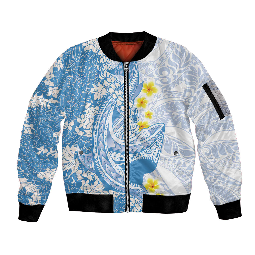Blue Hawaii Shark Tattoo Sleeve Zip Bomber Jacket Puakenikeni Lei Plumeria Polynesian Pattern