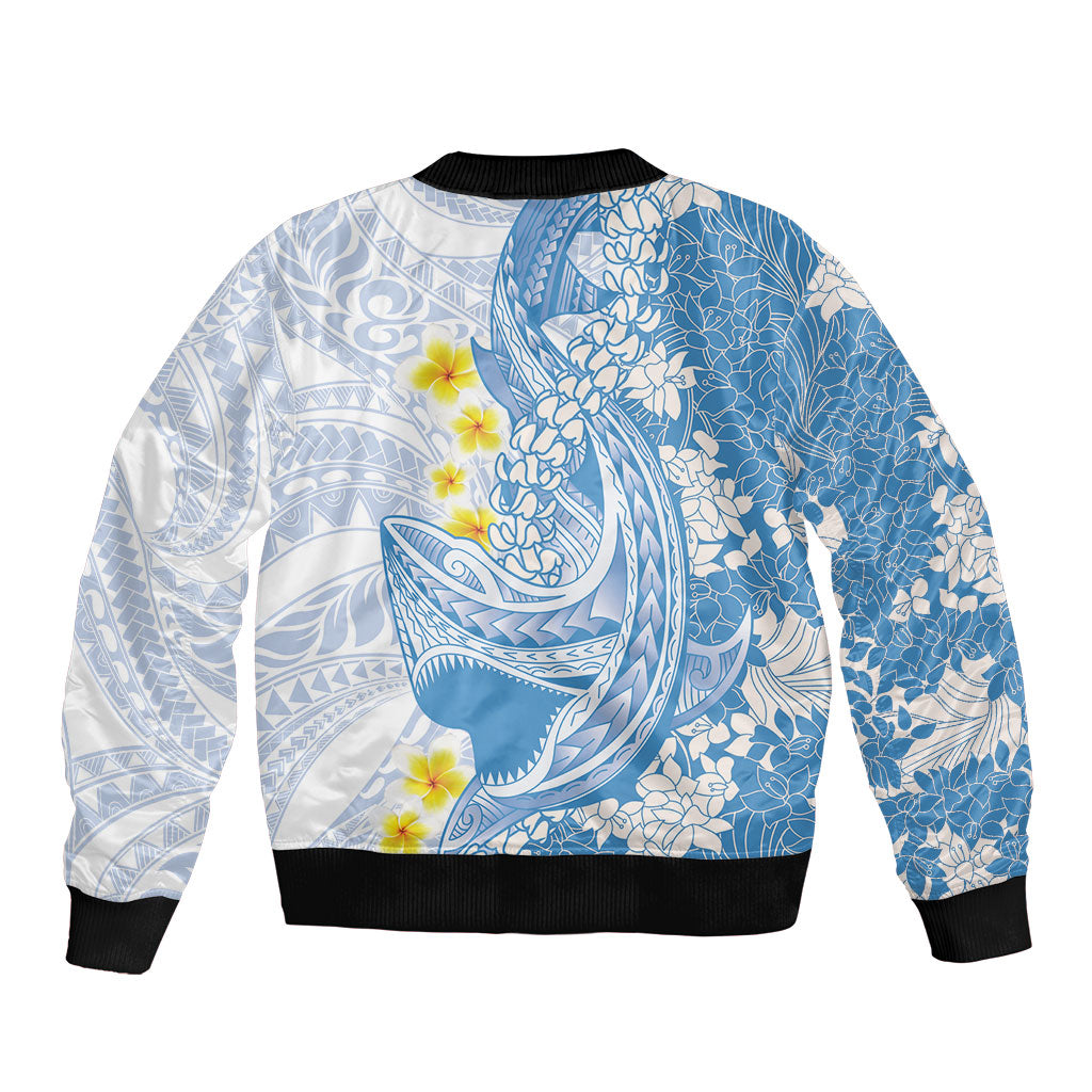 Blue Hawaii Shark Tattoo Sleeve Zip Bomber Jacket Puakenikeni Lei Plumeria Polynesian Pattern