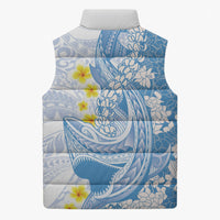 Blue Hawaii Shark Tattoo Sleeveless Puffer Jacket Puakenikeni Lei Plumeria Polynesian Pattern
